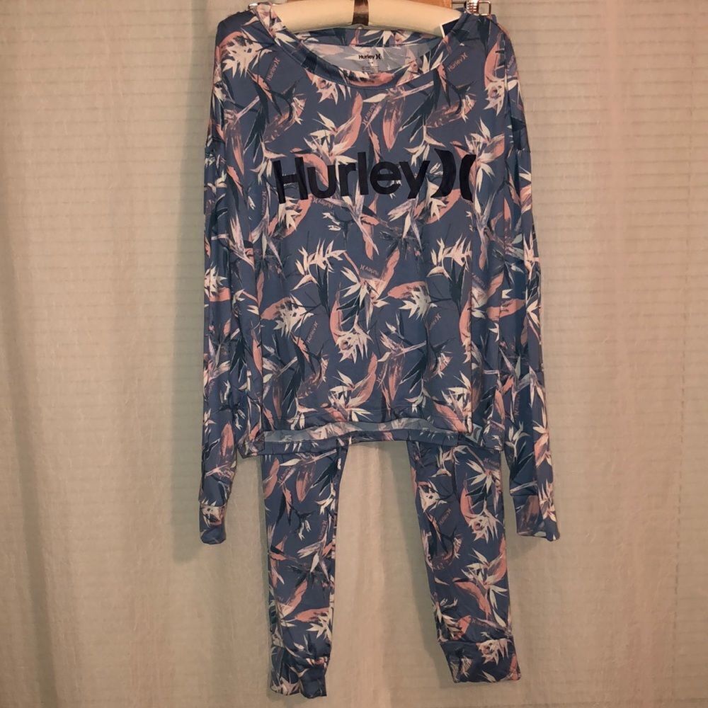 Hurley Soft & Cozy Blue Pink Tropical Long Sleeve Top Pant Pajama Loungewear Set